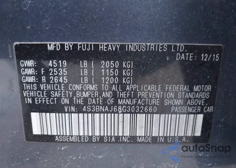 2016 Subaru Legacy 2.5I Limited z USA, uszkodzony, nr VIN 4S3BNAJ68G3032660